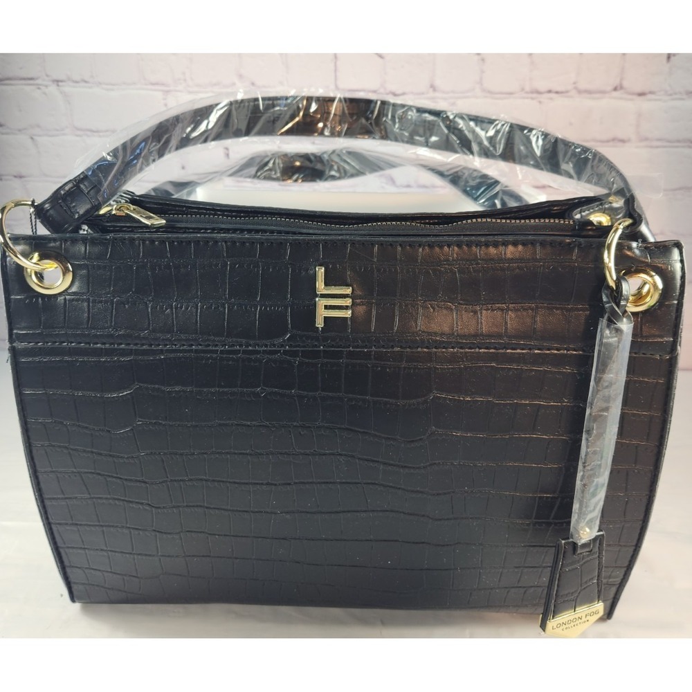 NWT $128 London Fog Brielle Faux Leather‎ Satchel Bag Black Brielle Croco Purse